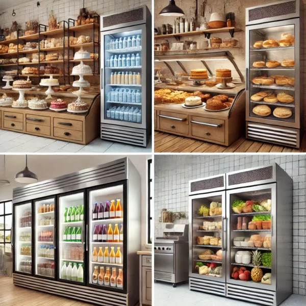 DALL·E 2025-03-17 15.20.35 – A collage of four images, each showcasing a different type of industrial refrigerator__1. A bakery refrigerator displaying cakes and pastries._2. A bu DALL·E 2025-03-17 15.20.35 - A collage of four images, each showcasing a different type of industrial refrigerator__1. A bakery refrigerator displaying cakes and pastries._2. A bu
